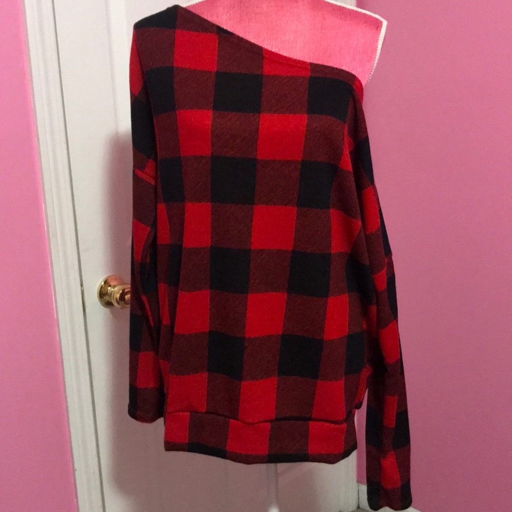 Off Shoulder Buffalo Plaid sweater